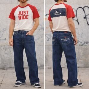 Y2K Helicopter Embroidered Choppers Jeans Dark Wash Straight Leg Denim 34x32